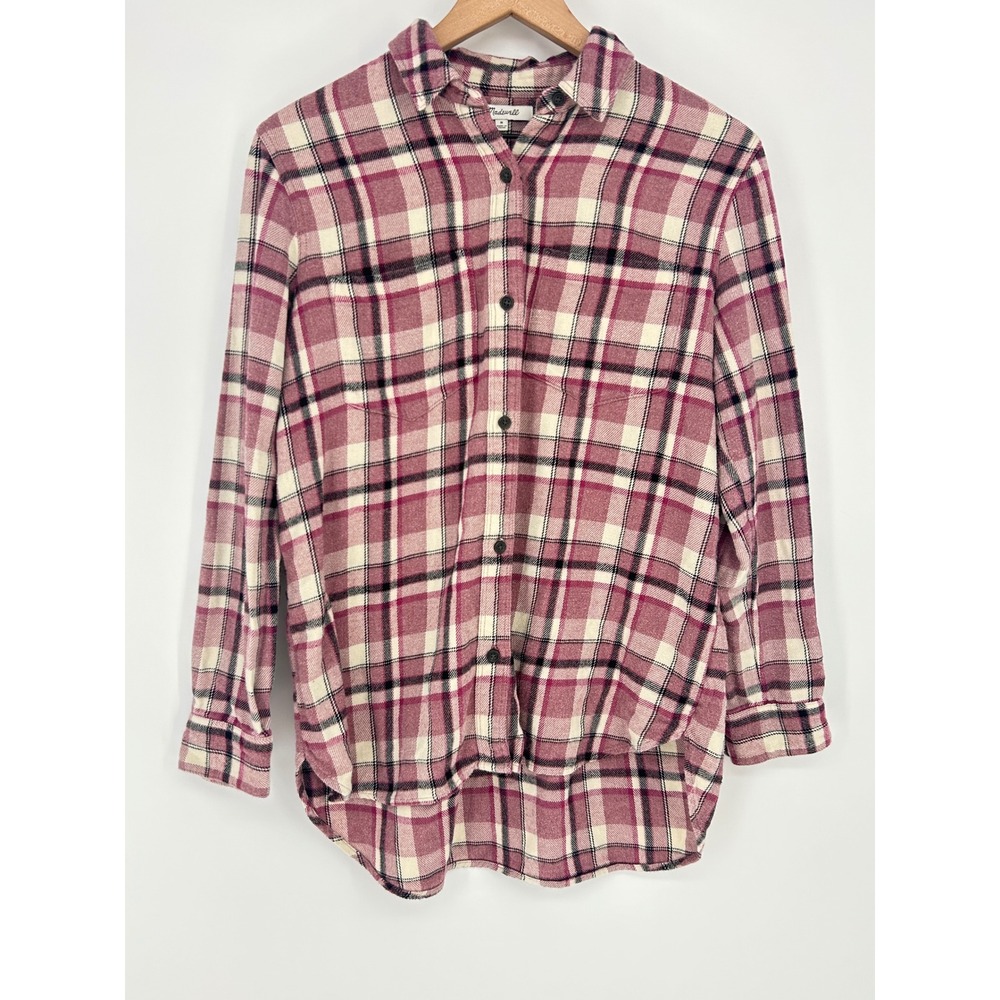 Madewell Medium Cornado Plaid Flannel Ex Boyfriend Button Up Shirt Top Fig Color